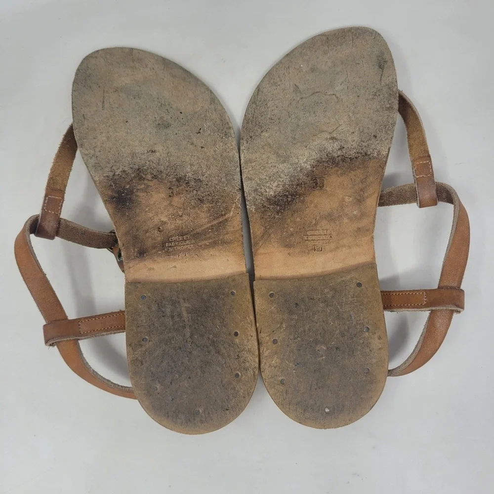 K.Jacques Sandals EU38 US6.5 Brown Leather T-Strap Gladiator Flat Resort France